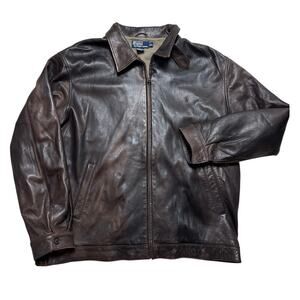 Polo Ralph Lauren Vintage 90s Brown Leather Houndstooth Plaid Lined Jacket XL